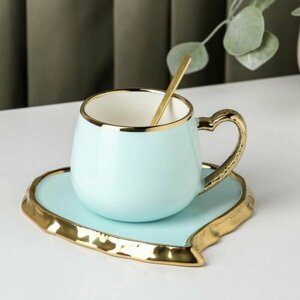 Чайная пара керамическая "Сердце", 2 предмета: чашка 320 мл, блюдце d=16.6 см, ложка, цвет голубой