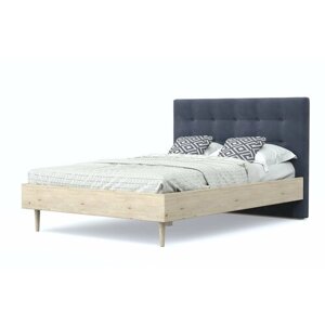 Двуспальная кровать альмена 140х200, с мягким изголовьем, серый-сосна, шенилл, массив дерева, на ножках