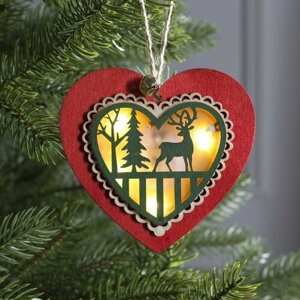 Ёлочная игрушка-подвеска "Красное сердце с оленем" от батареек, новогодний декор с подсветкой, световая фигура на ёлку, интерьерное украшение на Новый год, свечение тёплое белое