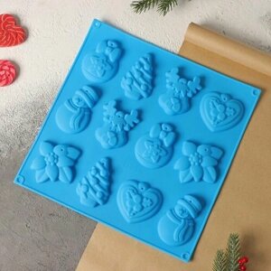 Форма силиконовая для украшений 3D Доляна Ёлочные игрушки, 30х30 см, 12 ячеек, цвет синий