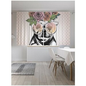 Фотошторы для кухни и спальни JoyArty "Смешная собака с венком роз", 2 полотна со шторной лентой шириной по 145 см, высота 180 см