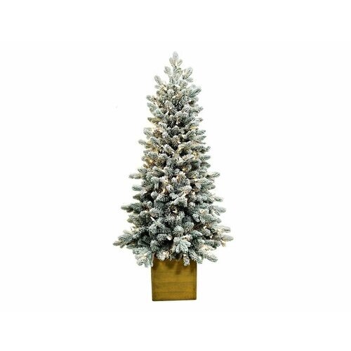 Искусственная ель с лампочками норфолк в деревянном кашпо, заснеженная, хвоя литая PE+PVC, 200 тёплых белых LED-огней, 137 см, A Perfect Christmas 31NFOLW137L
