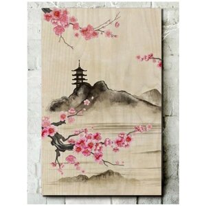 Картина интерьерная на дереве китайская живопись (Го - хуа, горы и воды) - 903