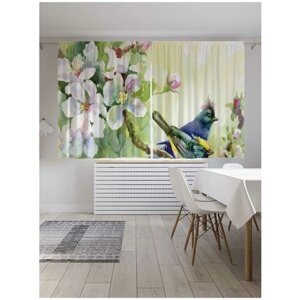 Классические шторы JoyArty "Птицы на ветке вишни", серия Oxford DeLux, 2 полотна 145x180 см