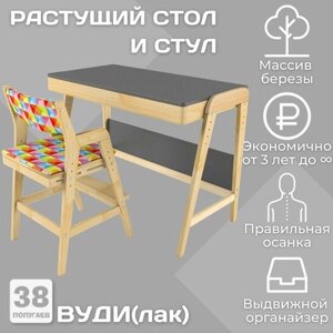 Комплект растущий стол и стул с чехлом 38 попугаев "Вуди"Серый, Береза, Ромбы)