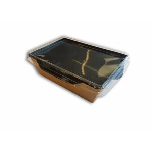 Контейнер картонный для салата 1000мл 165х165х65мм крафт/черный с пластиковой крышкой уп/10шт