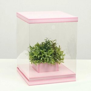 Коробка для цветов с вазой и PVC окнами складная, розовый, 23 x 30 x 23 см