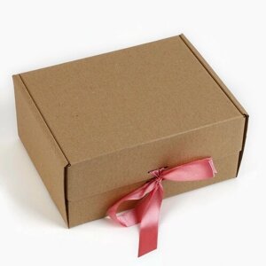 Коробка подарочная складная, упаковка, «Крафт, розовая лента», 22 х 16.5 х 10 см