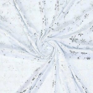 Лоскут Велюр с новогодним нанесением Мелкие снежинки Серебро на белом, 50*50 см (комплект из 12 шт)