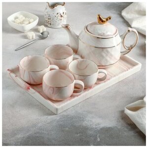 Набор чайный «Мрамор», 5 предметов: чайник 800 мл, 4 кружки 170 мл, подставка 3121 см, цвет розовый