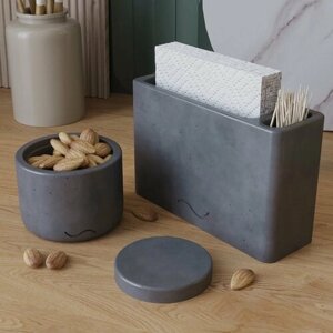 Набор для кухни Musko 22 (салфетница Lina, емкость для сыпучих продуктов Astrid XS с бетонной крышкой), бетон, графитовый глянцевый