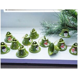 Набор ёлочных игрушек ансамбль колокольчиков со снеговичками, металл, зелёный, 5 см, 12 шт, Breitner XY3704