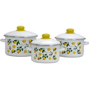 Набор эмалированной посуды, Лимоны, 6 предметов (3 кастрюли с крышками)