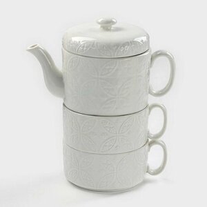 Набор фарфоровый чайный "Эстет. Орнамент", 3 предмета: чайник 400 мл, 2 кружки 280 мл, цвет белый