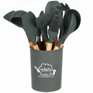 Набор кухонных принадлежностей с подставкой и деревянной ручкой 12 предметов Utensils Set / Подарочный силиконовый набор Серый