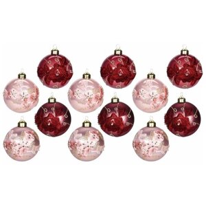Набор стеклянных ёлочных шаров ROMANCE DE FLEURS, розовые, розовый бархат, 8 см, упаковка 12 шт, Koopman International