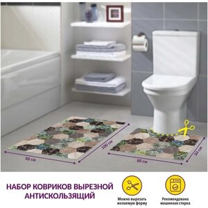 Набор вырезных антискользящих ковриков для ванной и туалета Icarpet PRINT 60х100+60х50 Соты Тропики 102