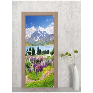 Наклейка интерьерная на дверь "Цветы и горы", 80х200 см самоклеющаяся