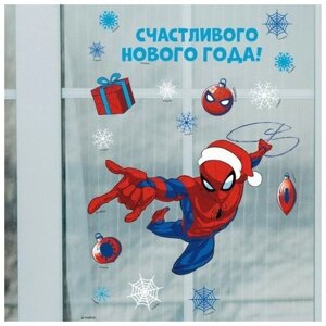 Наклейка на окно Marvel "Счастливого нового года! Человек-паук, 22х30х0,1 см
