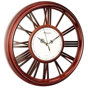 Настенные кварцевые часы MIRRON S66 ТДБ/Большие круглые часы/34 см/Римские цифры/Коричневый цвет корпуса/Коричневый, белый циферблат/Бесшумный плавный механизм/Оригинальные часы