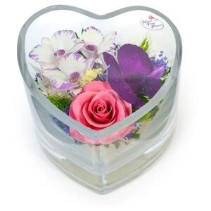 Natural Flower Products Co. Роза и орхидеи в стекле. (колба в виде сердца (9 x 12.5 x 12.5 см)