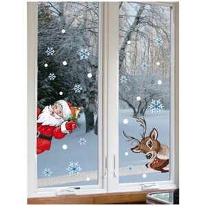 Новогодние наклейки на окно Дед Мороз и олень, снежинки / наклейка на стену / декор на рождество / украшение на новый год Lisadecor