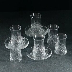 Paşabahçe Набор чайный стеклянный, 12 предметов: 6 стаканов 160 мл, 6 блюдец d=12,3 см