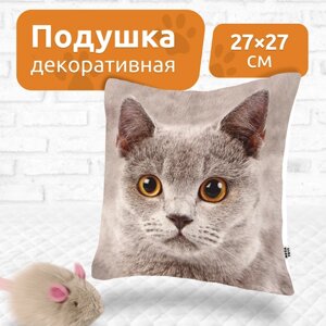Подушка декоративная на диван для дома MEGA TOYS детская в подарок с принтом 27x27 Серый кот