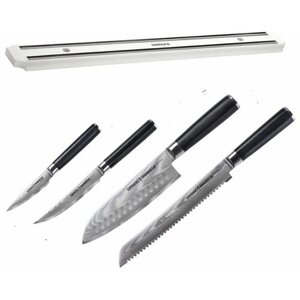 SD-10,31,94,55, МБД набор из 4 ножей овощной, универсал-стейковый, сантоку, хлебный И магнитный белый держатель