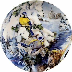 Синицы между еловыми ветками, коллекционная декоративная винтажная тарелка из серии "Птицы зимой", Урсулы Банд (Ursula Band)