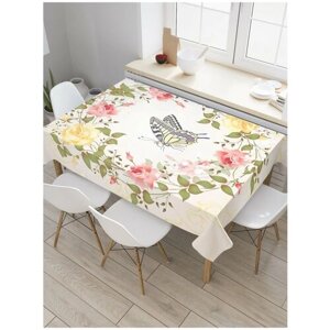 Скатерть прямоугольная JoyArty на кухонный стол "Бабочка в венке из роз" из оксфорда, 120x145 см