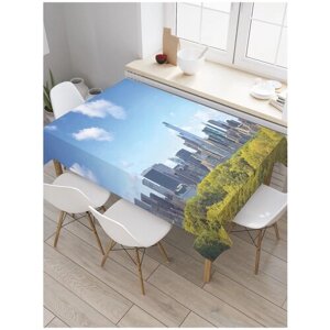 Скатерть прямоугольная JoyArty "Облака над городом" из сатена, 120x145 см