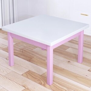 Стол журнальный Классика квадратный с белой столешницей из массива сосны 40 мм и розовыми ножками, 75х75х46 см