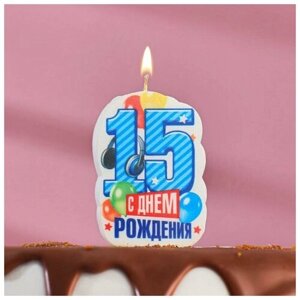 Свеча для торта цифра "С Днём Рождения"15" голубая, 6,5 см