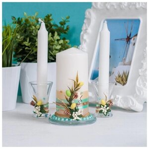 Свечи в наборе для семейного очага на свадьбу "Средиземноморский стиль" с веточками оливы, жемчугом и атласным декором в бирюзовых и бежевых тонах