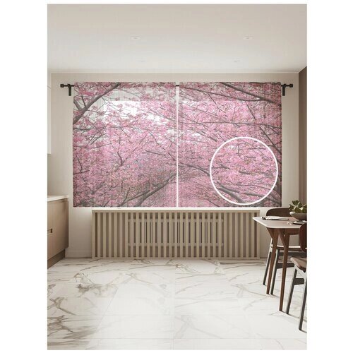 Тюль для кухни и спальни JoyArty "Аллея сакуры", 2 полотна со шторной лентой шириной по 145 см, высота 180 см.