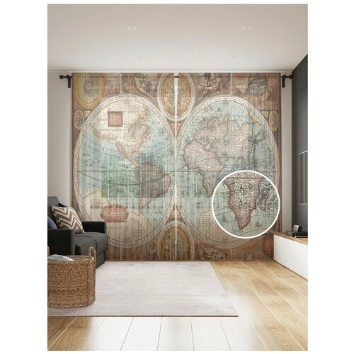 Тюль для кухни и спальни JoyArty "Круглая карта мира", 2 полотна со шторной лентой шириной по 145 см, высота 265 см.