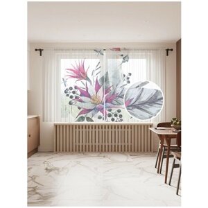 Тюль для кухни и спальни JoyArty "Попугай в цветах", 2 полотна со шторной лентой шириной по 145 см, высота 180 см.