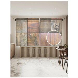 Тюль для кухни и спальни JoyArty "Разнообразие деревяных декораций", 2 полотна со шторной лентой шириной по 145 см, высота 180 см.