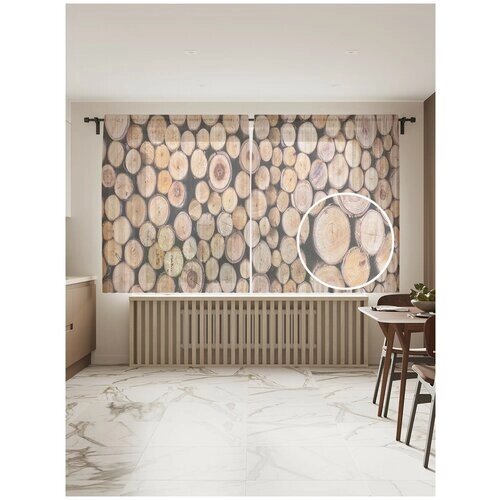 Тюль для кухни и спальни JoyArty "Свежие полена", 2 полотна со шторной лентой, 145x180 см.