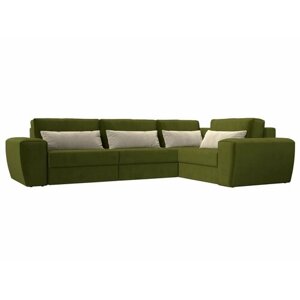 Угловой диван Лига-008 Long правый, Микровельвет зеленый, подушки зеленые и бежевые