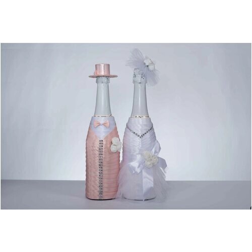 Украшение на свадебное шампанское "Шарм" в нежно-персиковом цвете / Украшение на свадебные бутылки молодоженов