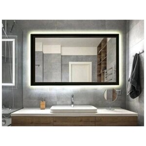 Зеркало настенное с подсветкой парящее прямоугольное 115*75 см в черной раме для ванной тёплый свет 3000 К сенсорное управление