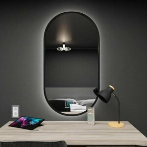 Зеркало с подсветкой настенное, контражурная подсветка, овальное зеркало в металлической раме 90х45 см, декор и интерьер, для ванной