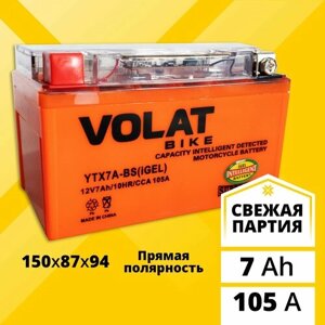 Аккумулятор для мотоцикла 12в гелевый 7 Ah 105 A прямая полярность VOLAT YTX7A-BS (iGEL) акб 12v GEL для мопеда, скутера, квадроцикла 150x87x94