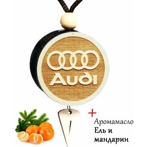 Ароматизатор (вонючка, пахучка в авто) в машину (освежитель воздуха в автомобиль), диск 3D белое дерево Audi, аромат №48 Ель и мандарин