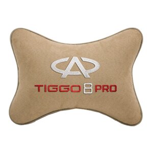 Автомобильная подушка на подголовник алькантара Beige с логотипом автомобиля CHERY Tiggo 8 PRO