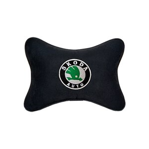 Автомобильная подушка на подголовник алькантара Black с логотипом автомобиля Skoda
