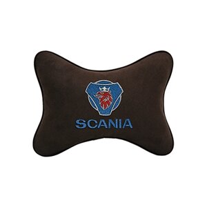 Автомобильная подушка на подголовник алькантара Coffee с логотипом автомобиля SCANIA
