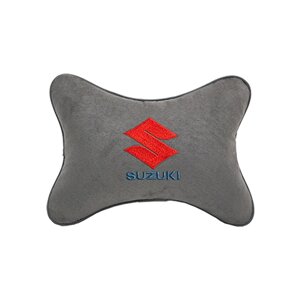 Автомобильная подушка на подголовник алькантара L. Grey с логотипом автомобиля Suzuki